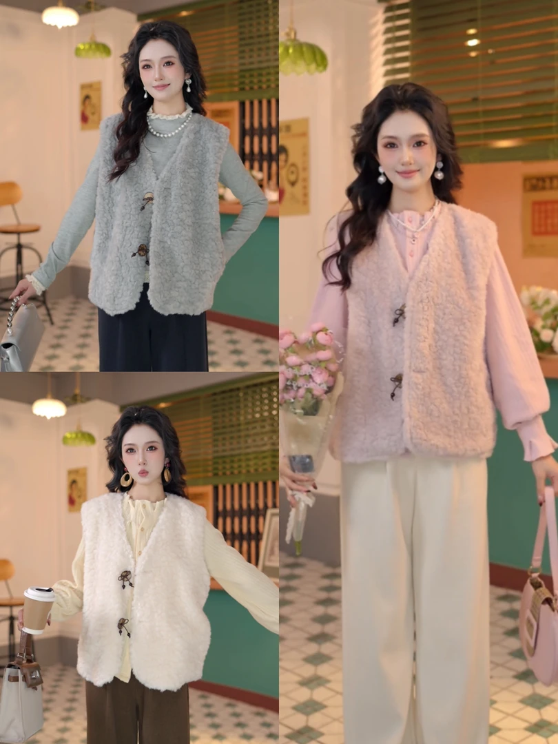 柚子 [绒绒奶盖]港风复古慵懒休闲羊羔毛显瘦背心马甲DO6347415