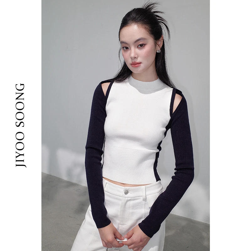 JIYOOSOONG | 小众先锋美学撞色镂空假两件针织长袖上衣
