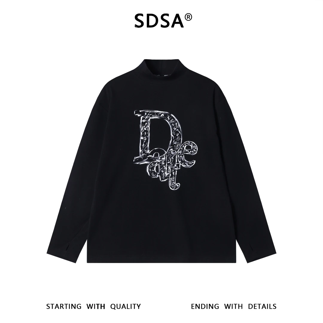 SDSA男士秋冬新款痞帅男装美式撞色手绘字母印花立领长袖T恤百搭