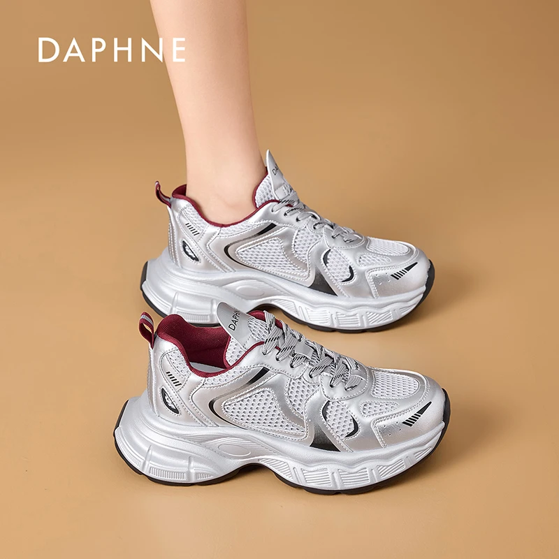 Daphne/达芙妮老爹鞋女2025夏季新款运动女款厚底银色休闲鞋