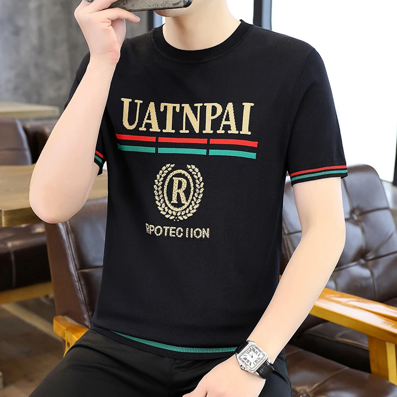 高品质冰麻针织短袖男士夏季新款时尚提花T恤百搭潮流男休闲上衣