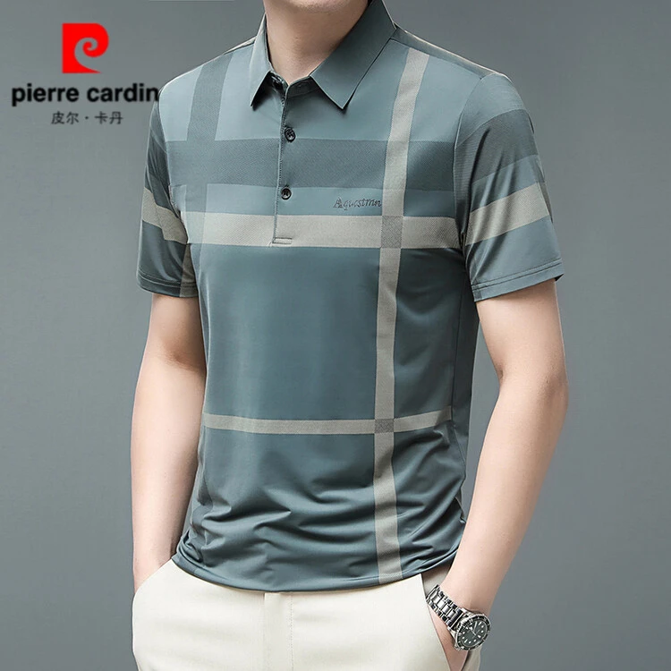 皮尔卡丹2025新款夏季高品质男士条纹短袖T恤衫薄款商务翻领宽松