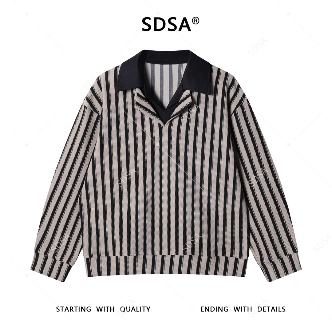 SDSA秋冬新款痞帅男装潮牌舒适竖纹翻领假两件衬衫老钱风百搭衬衣