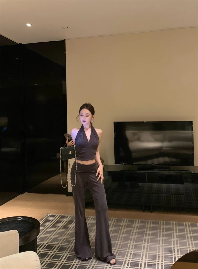 挂脖吊带背心辣妹性感设计感V领上衣裤子套装#8201