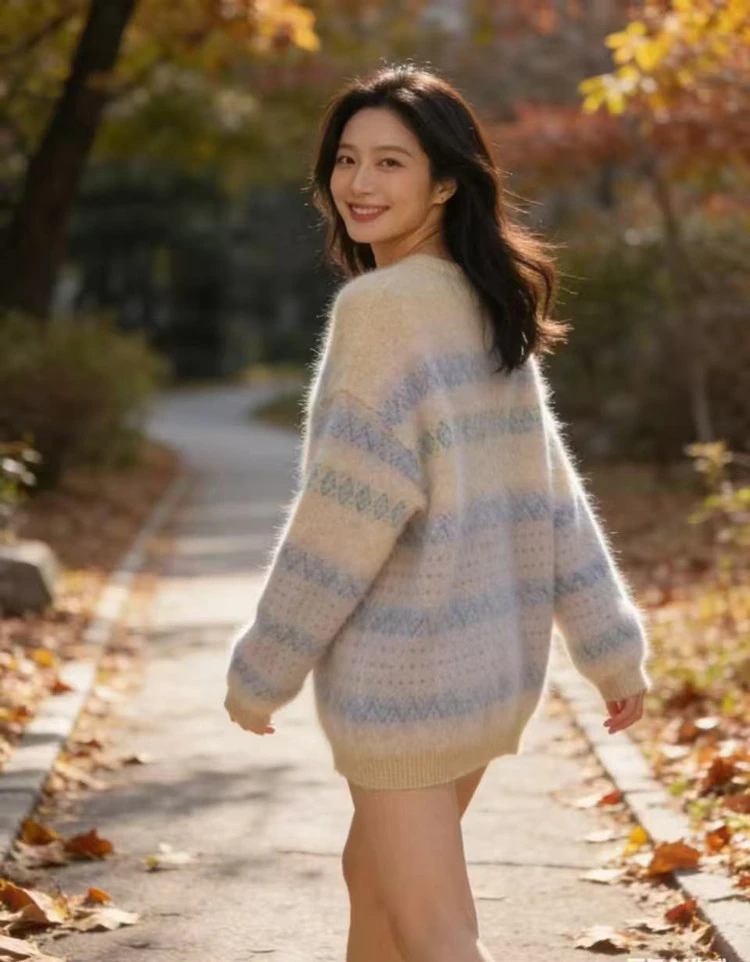 高端轻奢英伦风女士羊毛衫优质羊绒拉毛时尚提花针织衫慵懒风毛衣