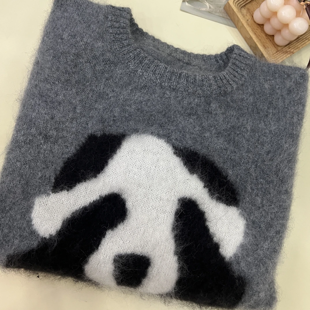 绒品 熊猫拉绒长袖大版套头针织衫