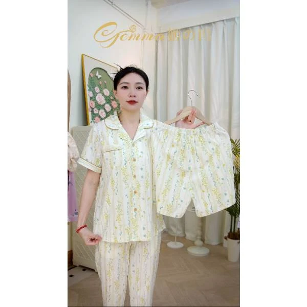 姬玛夏款针织纯棉短袖睡衣女三件套翻领家居服套装可外穿252326E