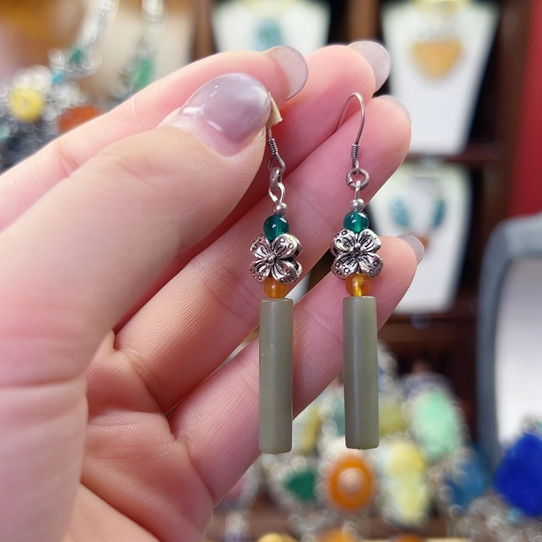 翡翠银S925镶嵌挂件耳环