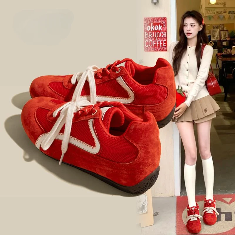 希尔爱玛2025新款内增高德训鞋女新款夏季薄款网面透气红色女鞋