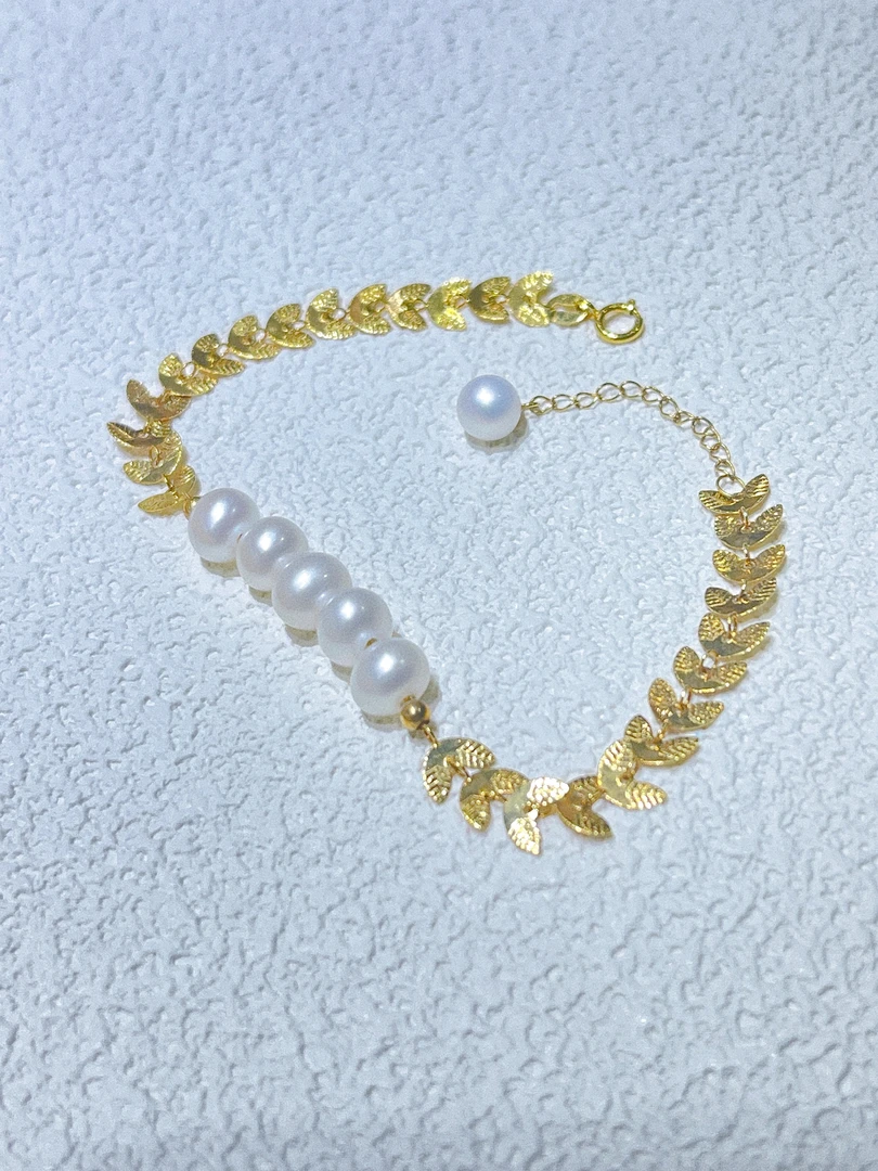 尚晶品珠宝18K金淡水珍珠麦穗手链K黄色时尚通勤百搭彩金款AU750