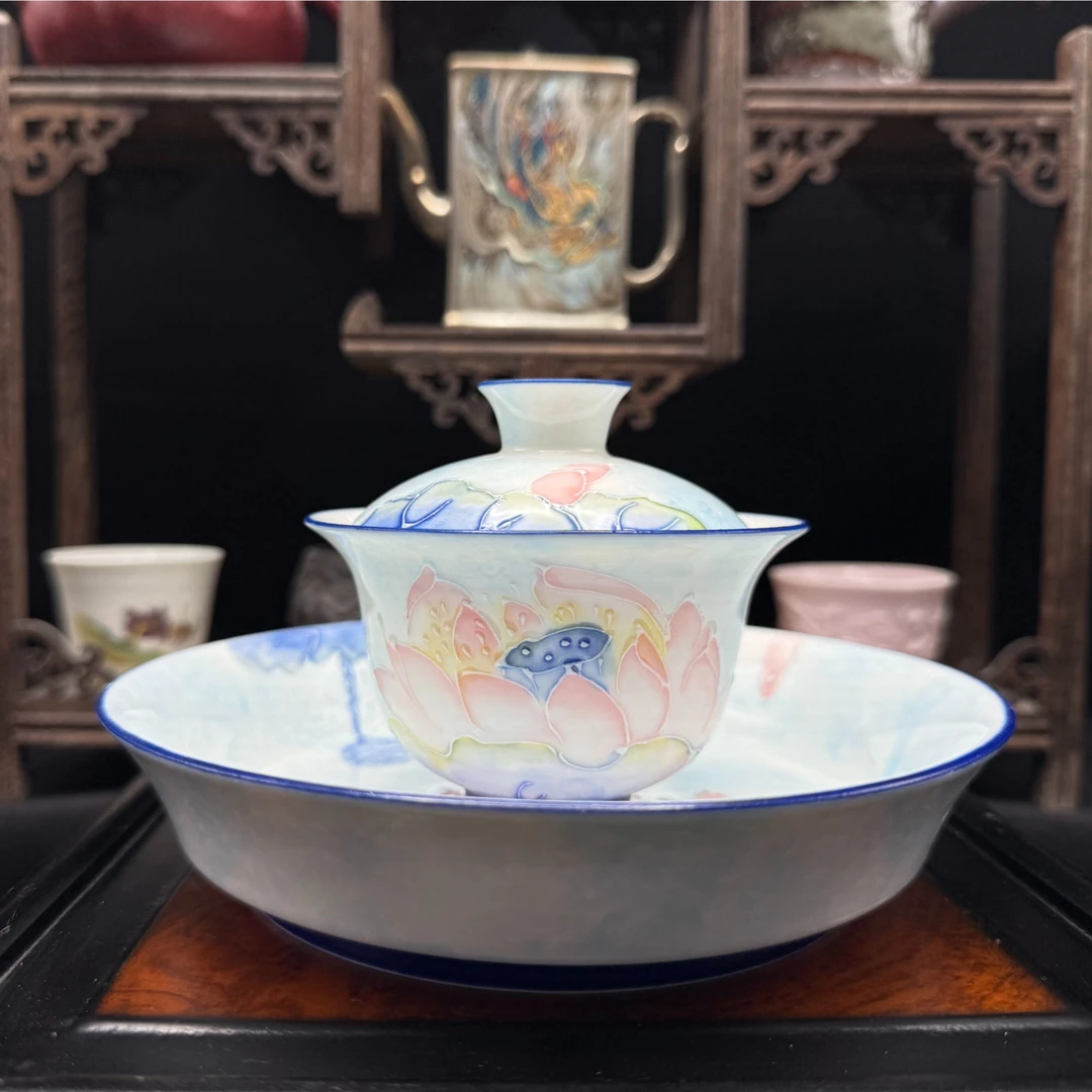 中式高档珐琅彩纯手工手绘荷韵浮雕陶瓷三才茶盖碗陶瓷蝶恋花0382