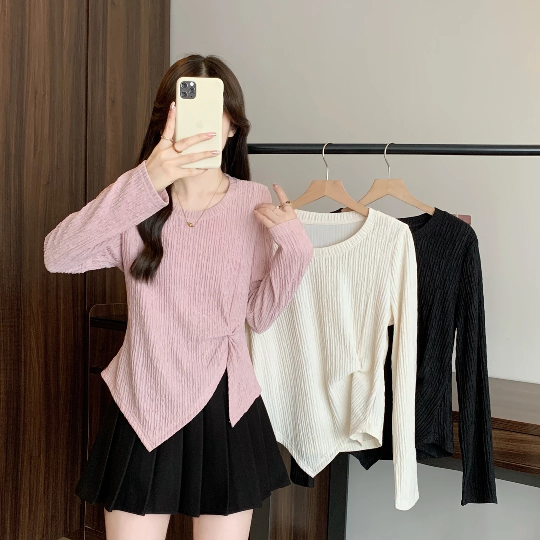 2025秋季新款胖mm大码设计感T恤百搭不规则收腰正肩打底上衣80211