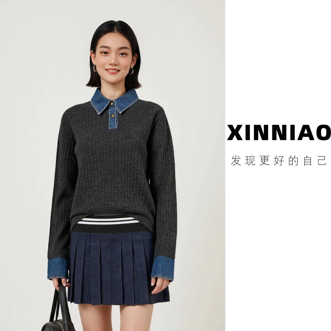「学院牛仔」XINNIAO百羊毛牛仔针织衫撞色秋冬打底拼接翻领上衣