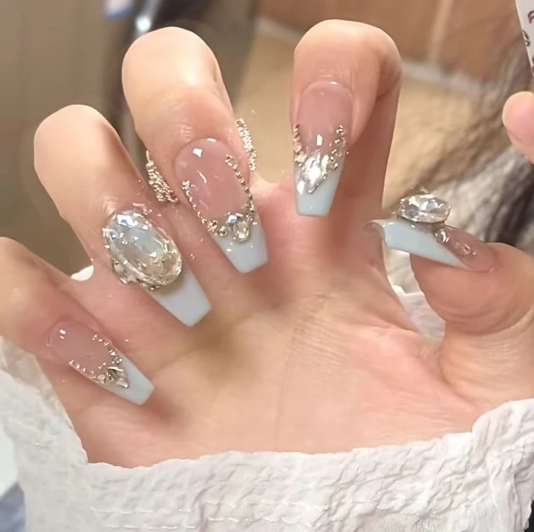 【海蓝宝】手工美甲贴片气质显白裸色爆闪梯形中长款穿戴甲