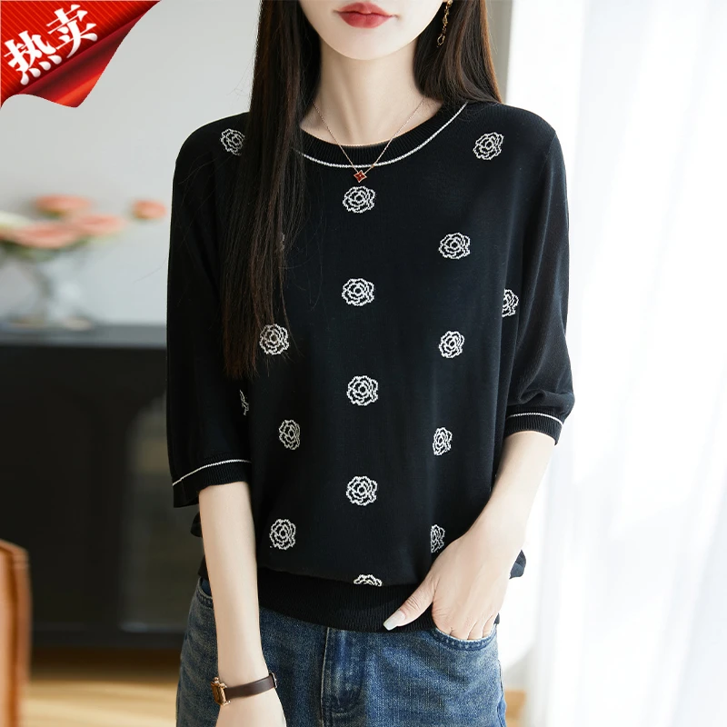 2025新款气质山茶花刺绣撞色圆领上衣短袖高端针织T恤衫女