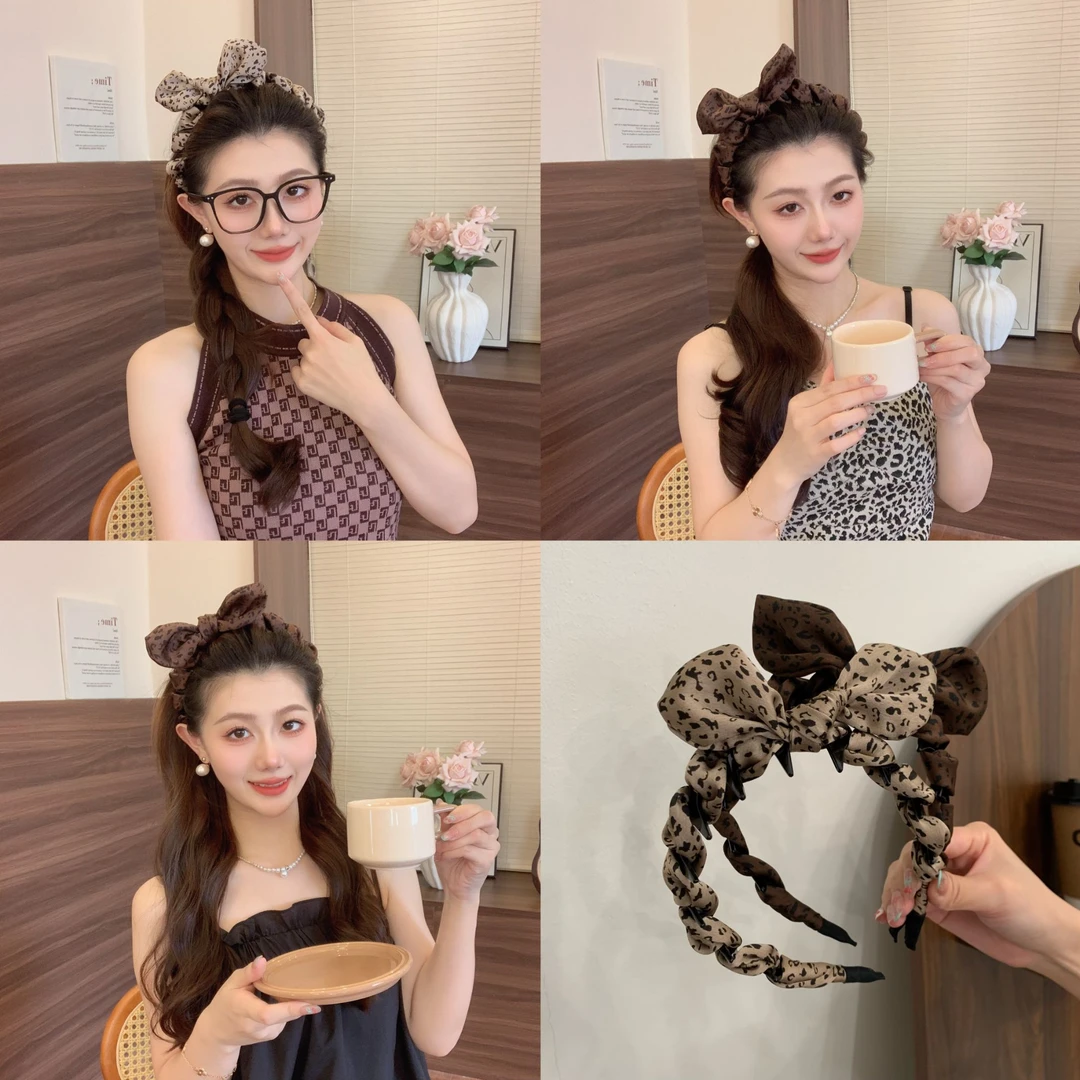 复古韩风新款豹纹蝴蝶结发箍日常拍照高颅顶洗脸头箍发卡发饰