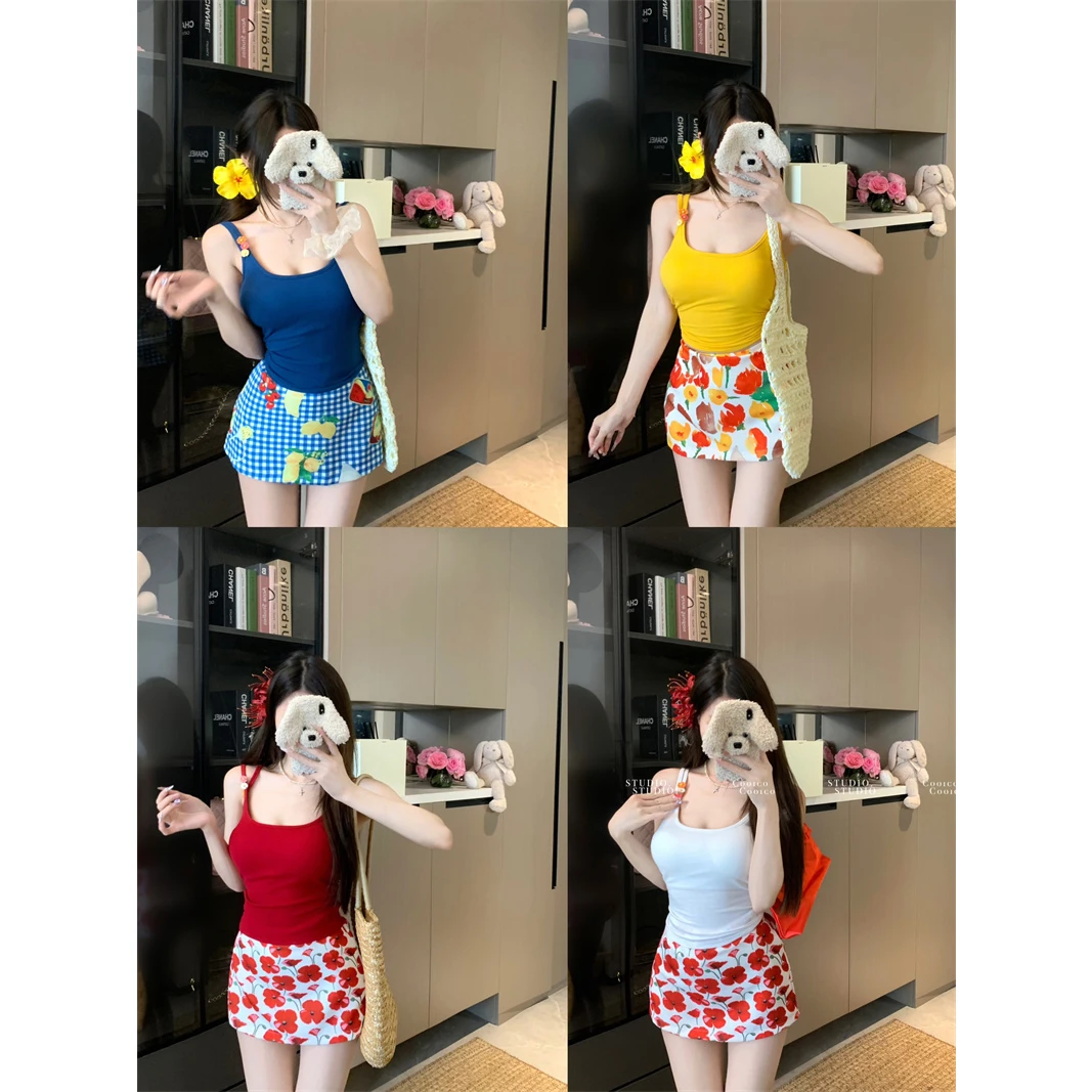 小雏菊花朵胸针双肩吊带背心女含胸垫辣妹修身油画花朵短裙套装