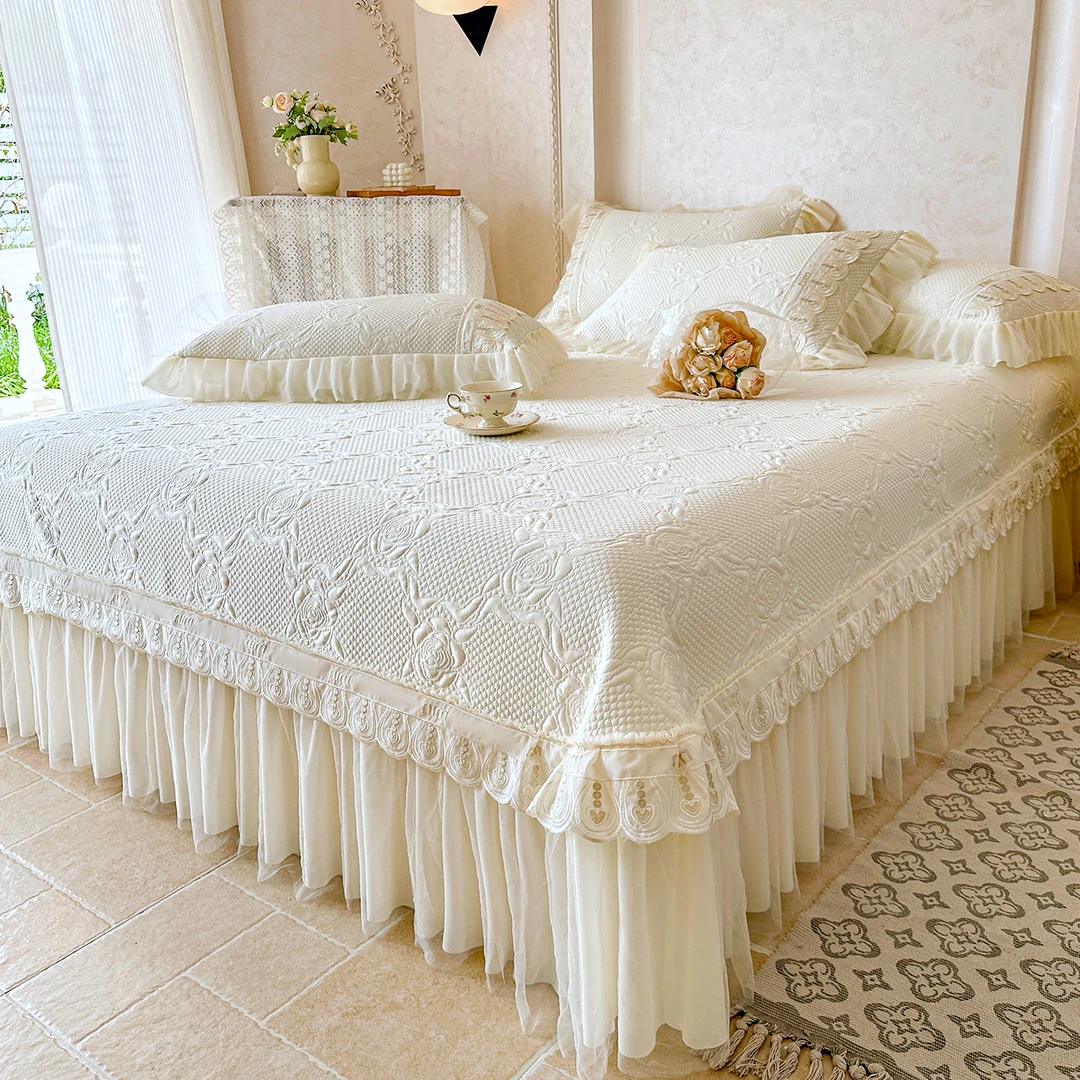 夏季轻奢凉感冰丝席凉席夏凉被三四件套可水洗公主风蕾丝床裙软席