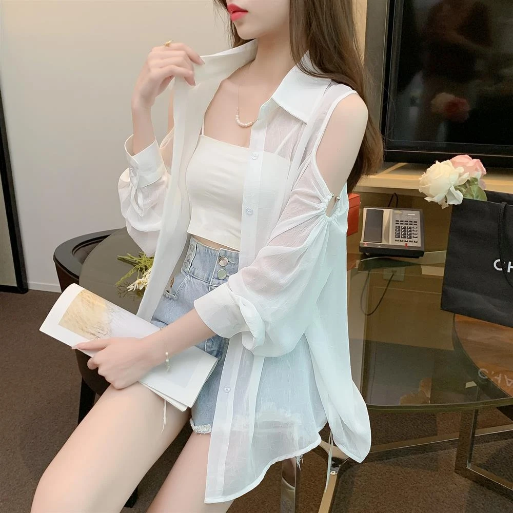 性感露肩长袖雪纺衬衫女2025夏新款百搭宽松薄款开衫衬衣外套