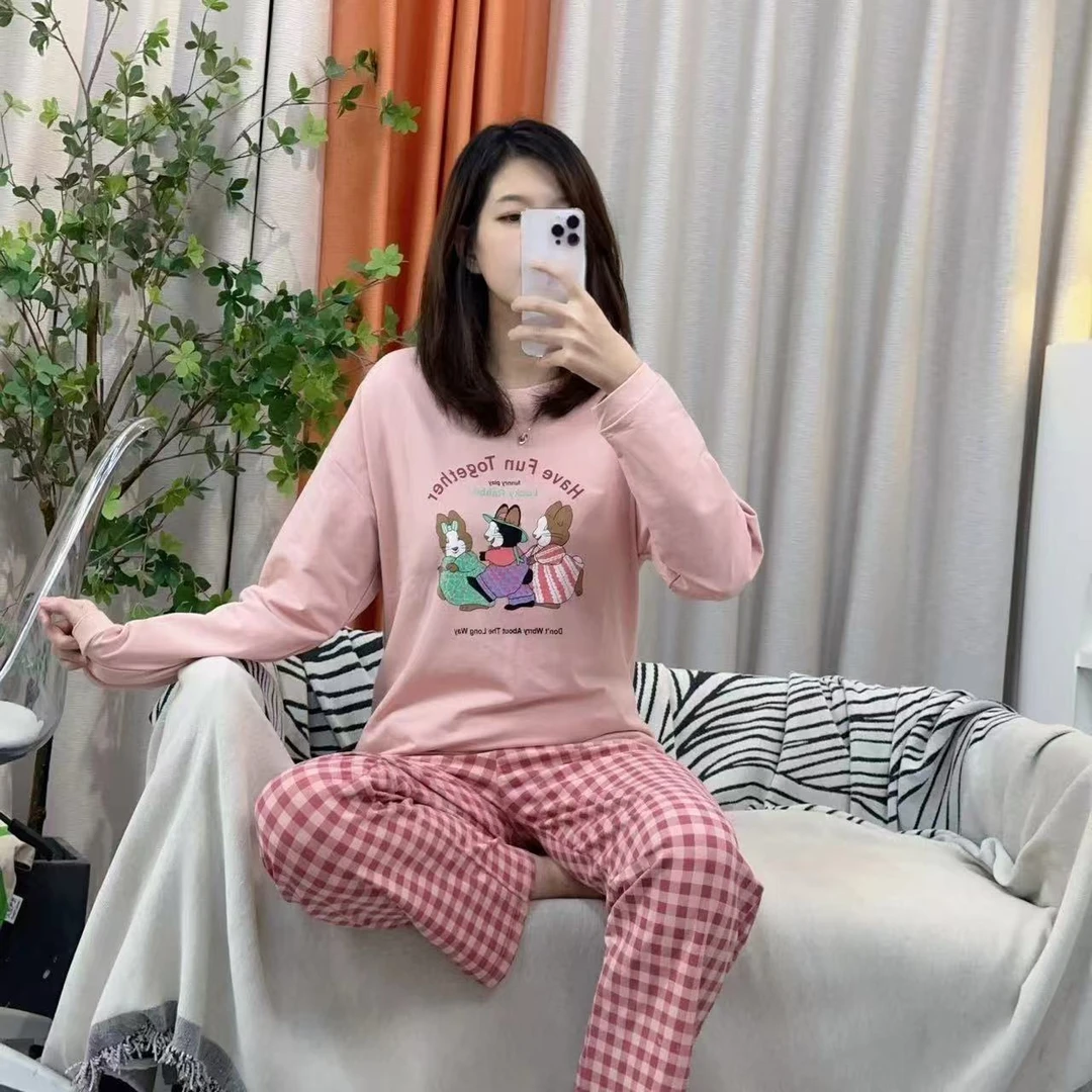 爽棉秋季时尚休闲卡通可爱印花宽松减龄舒适透气长袖长裤家居服套