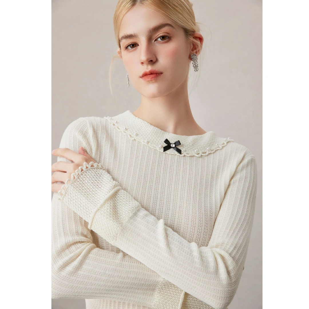 COCO BECCI【miu系少女】绵羊毛蝴蝶结钉珠百搭针织衫CFXYC331175