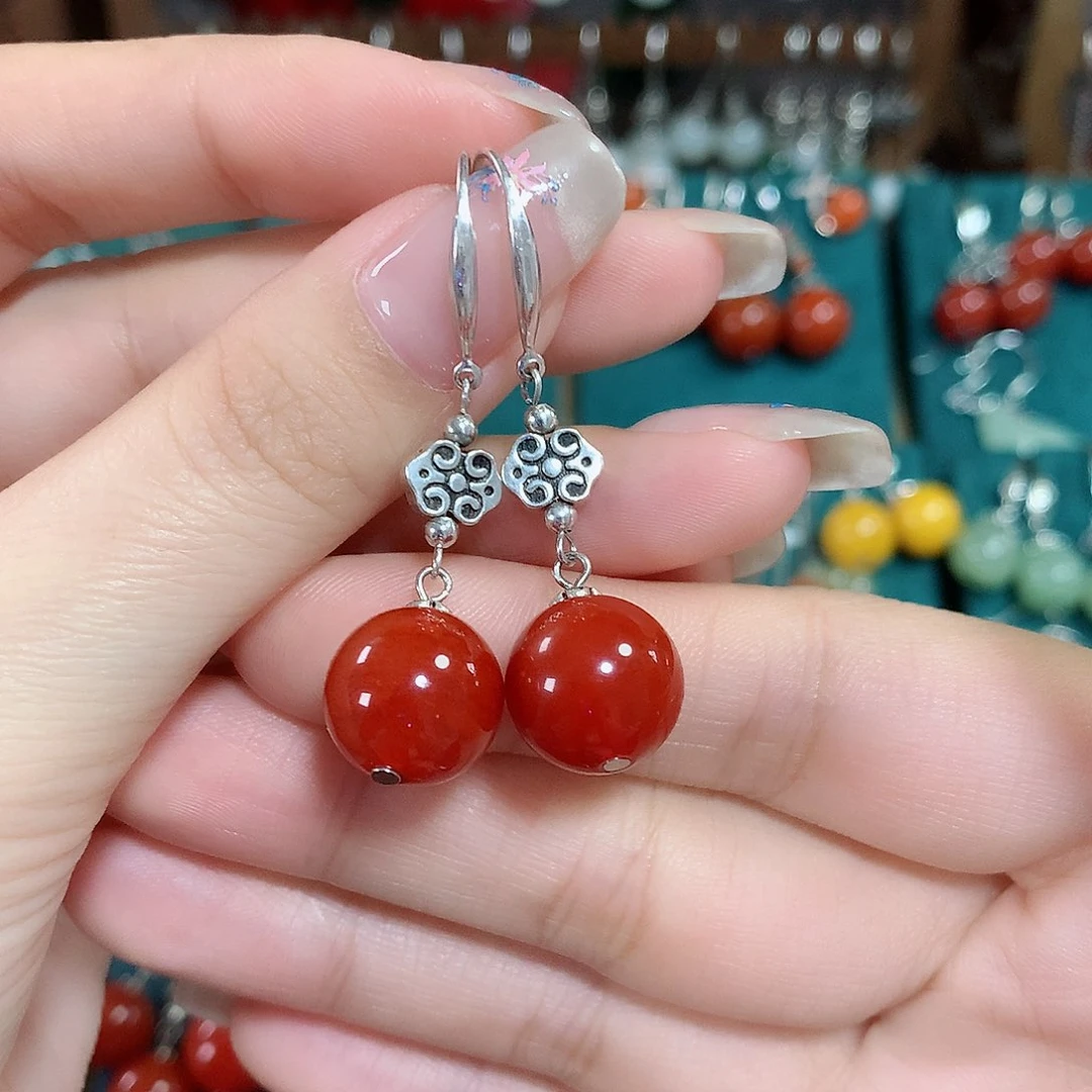 玛瑙/玉髓耳饰银S925镶嵌天然红玛瑙12mm左右（锦红）