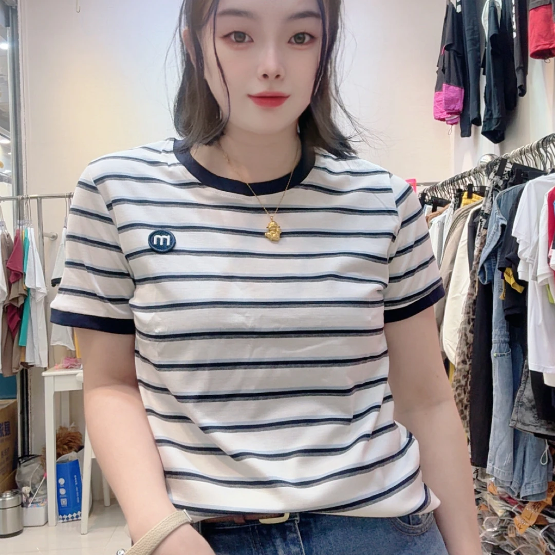 罗纹棉上衣条纹新款圆领正肩弹力显瘦百搭气质减龄休闲风女t