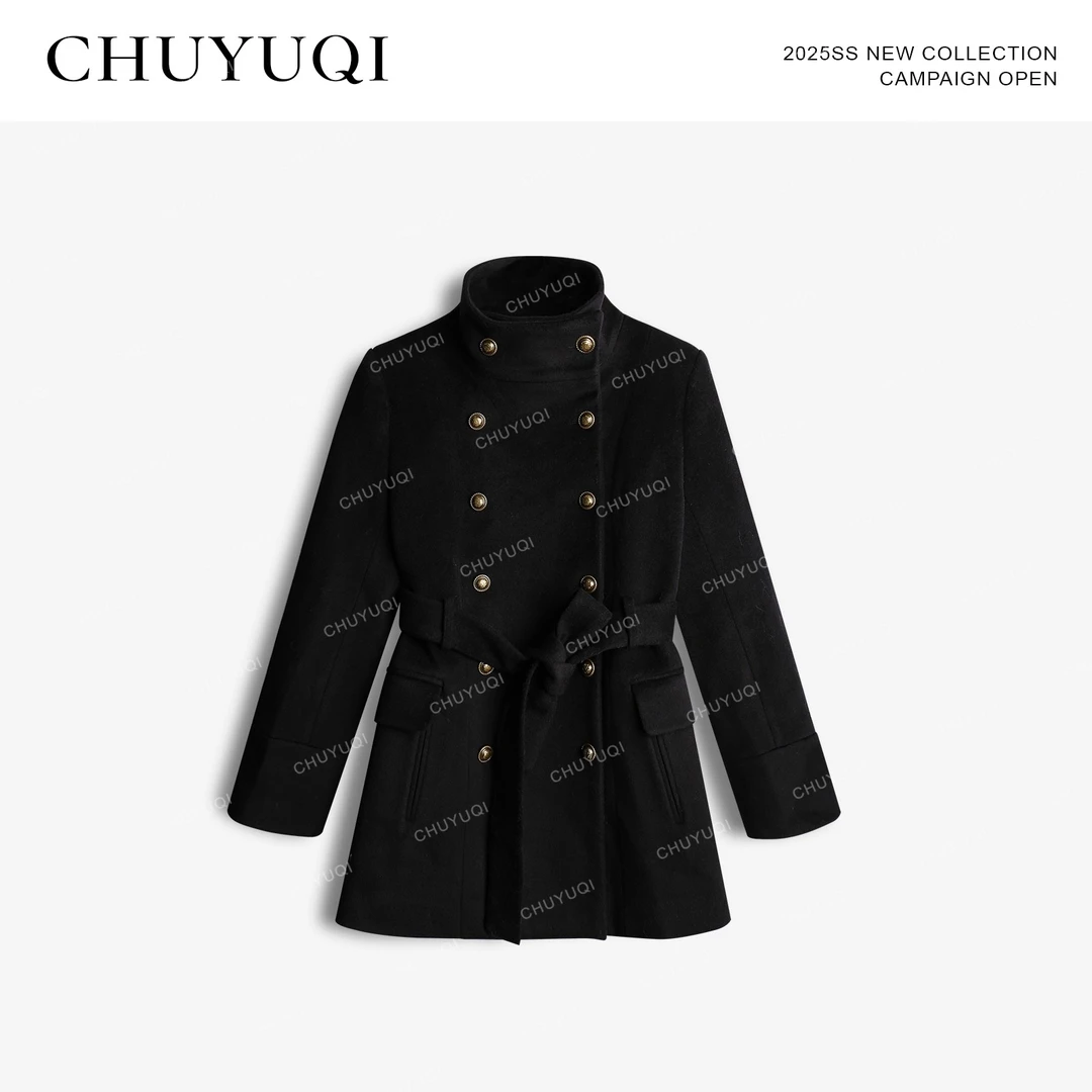 CHUYUQI千金玛德琳 高定黑金扣羊毛短款外套贵气毛呢中长款大衣女