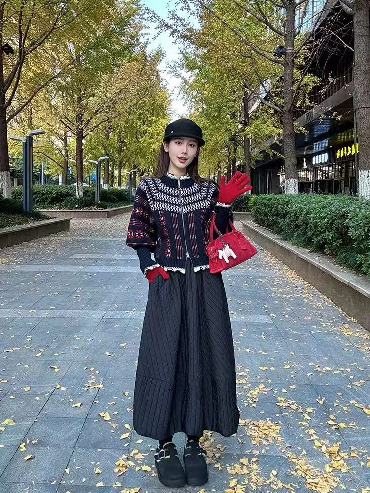【北欧织梦】复古格纹针织开衫女宽松秋冬季新款上衣半身裙套装