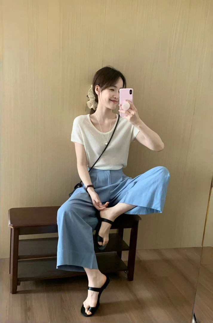 【夏日选择】韩系休闲套装女夏装简约气质显瘦小上衣阔腿裤休闲气质