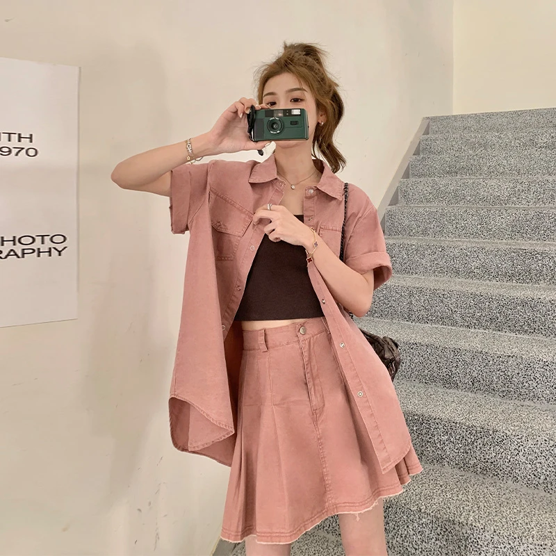 粉色甜美酷飒牛仔短裙套装2025新款女初夏小个子气质ootd一整套裙