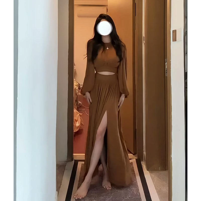 parkyeon法式气质收腰褶皱灯笼袖圆领上衣高腰显瘦开叉半身裙套装