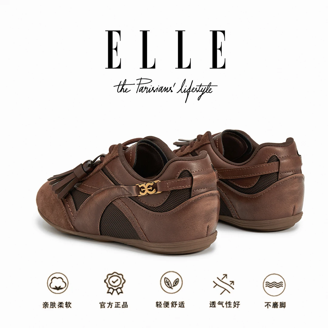 ELLE2025新款网面德训鞋女小众设计感流苏阿甘鞋厚底内增高休闲鞋