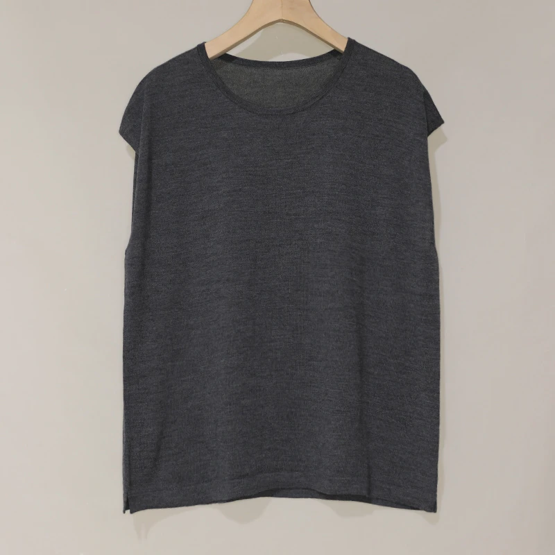 【深灰】轻奢百搭纯色针织衫T恤羊毛桑蚕丝圆领包肩袖打底衫女