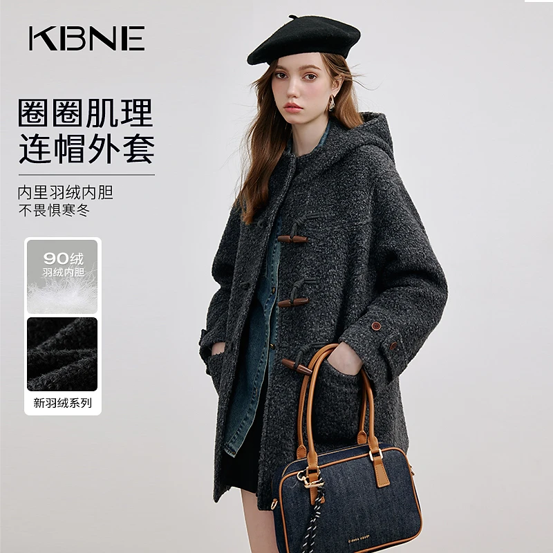 【90绒】KBNE羽绒服女款爆款2025新款正品复古圈圈呢大衣连帽羽绒服