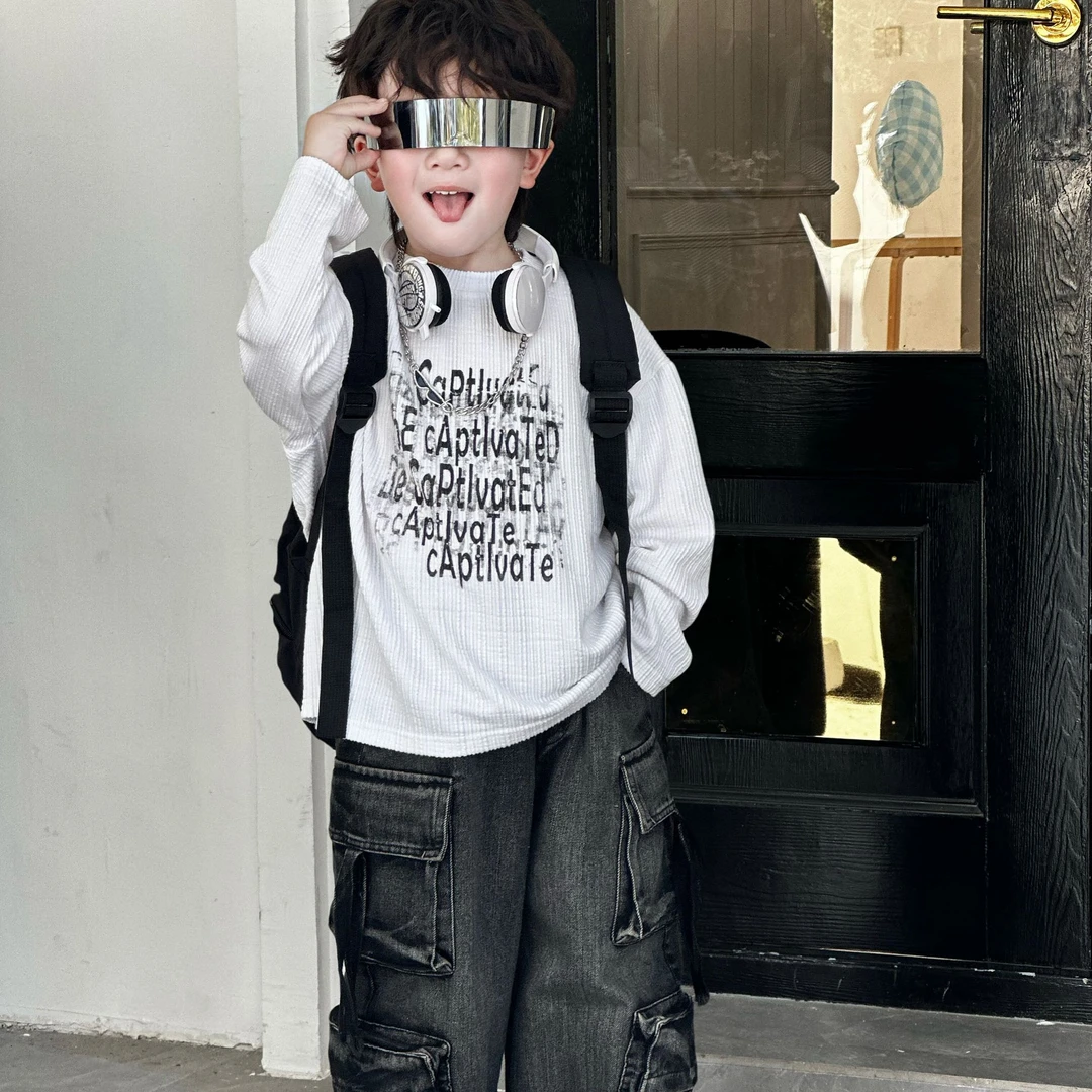 现货 kb6756 | 【春日•褶皱】春季儿童 韩版潮酷休闲印花字母卫衣T！