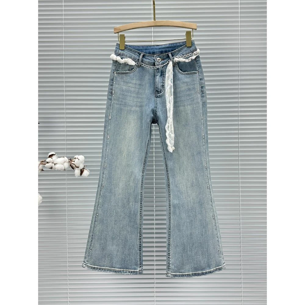 夏季薄款喇叭牛仔裤女潮2025年新款高腰宽松百搭ins烫钻微喇长裤