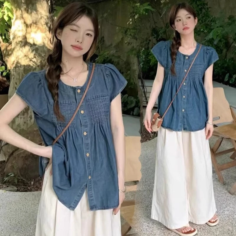 牛仔衬衫女2025新款夏季小飞袖圆领薄款宽松休闲百搭压褶短袖上衣