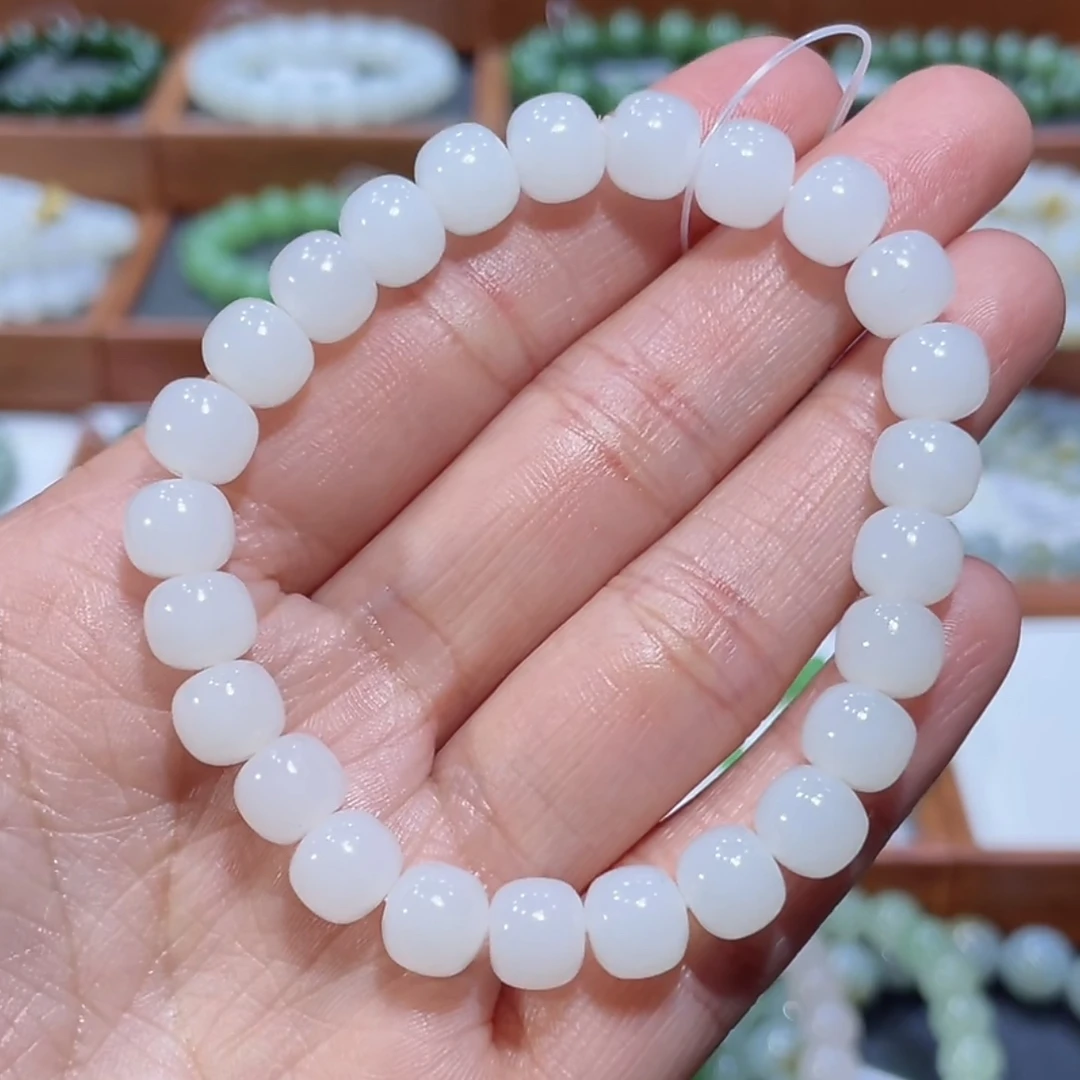 和田玉新疆于田白玉手串7×8mm