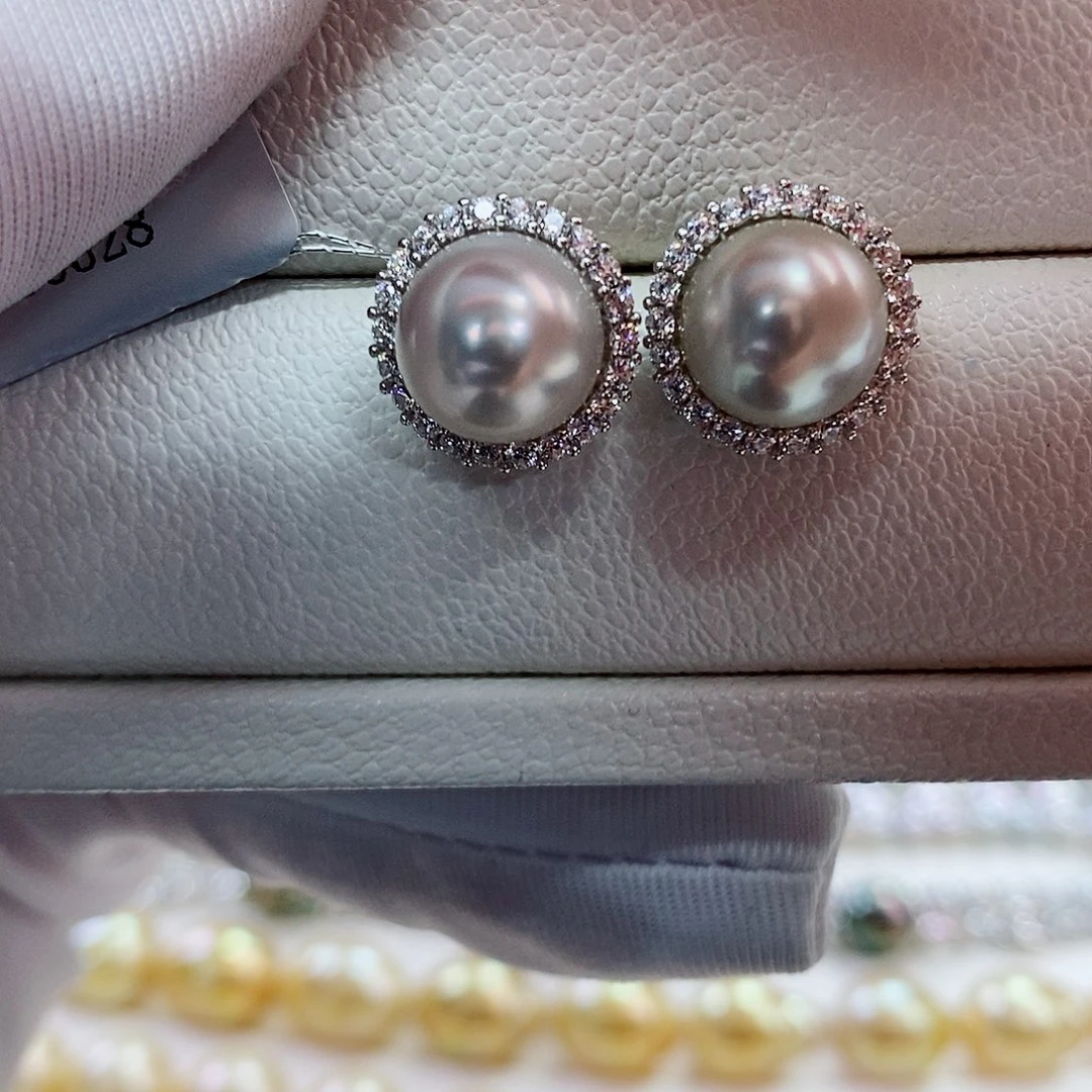 银S925镶嵌耳饰海水珍珠9-10