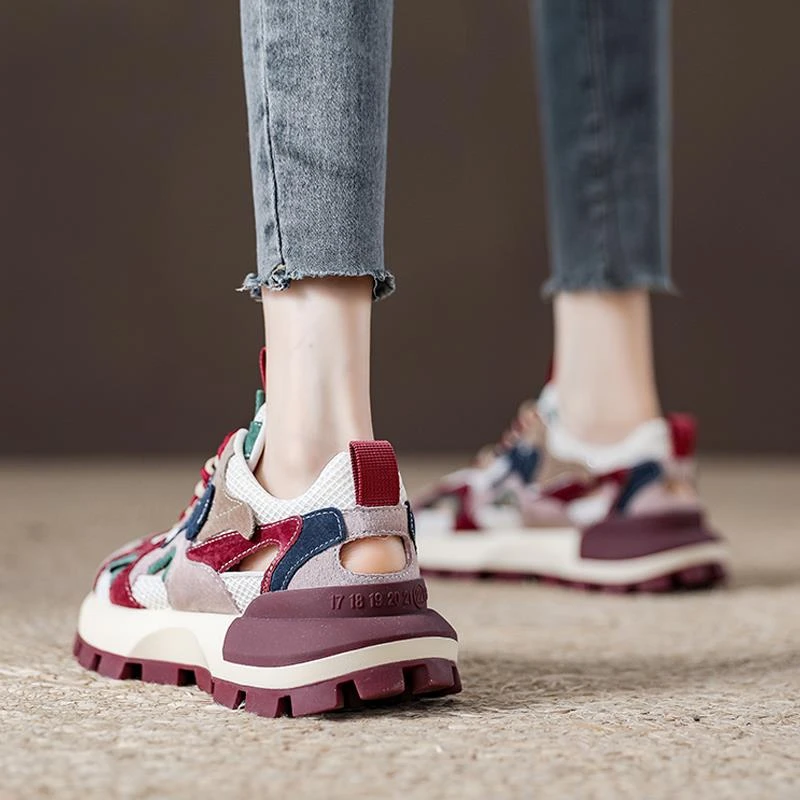 夏季厚底红色运动凉鞋女镂空老爹鞋2025新款女鞋网面阿甘鞋女透气