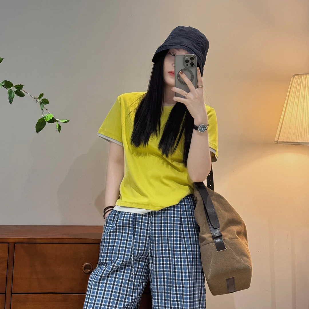 今婷假两件T恤短袖女爆款2025新款夏季宽松休闲女装上衣J25201318