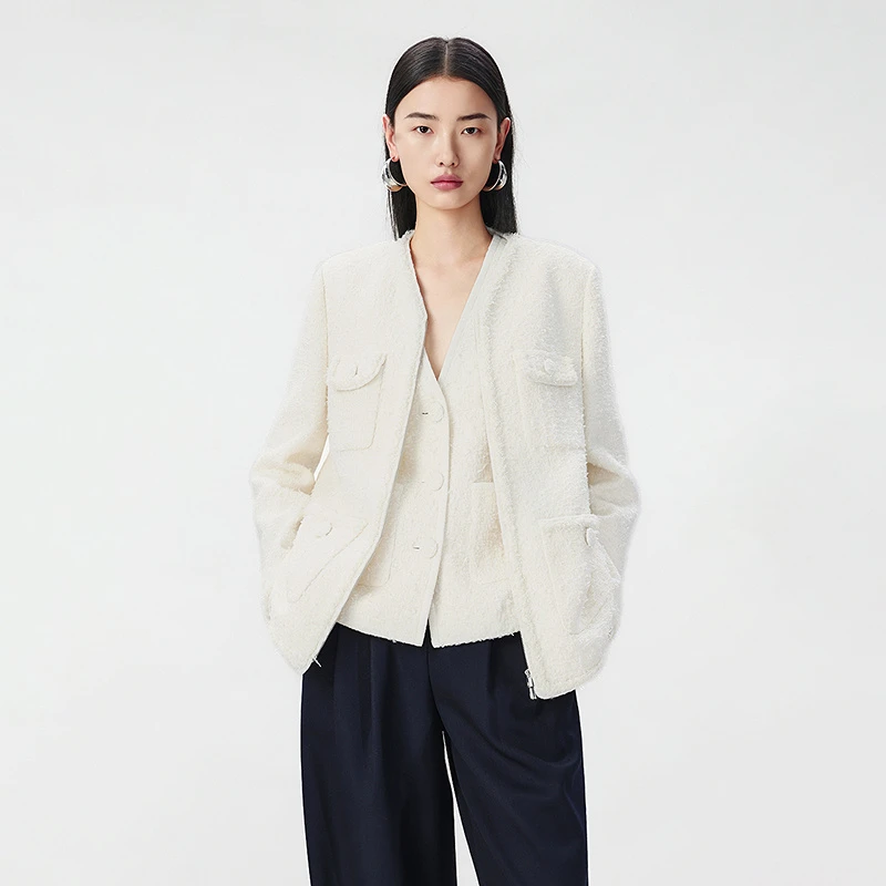 LANCY/朗姿2025冬新款法式小香风粗花呢拉链短外套女白色V领上衣L