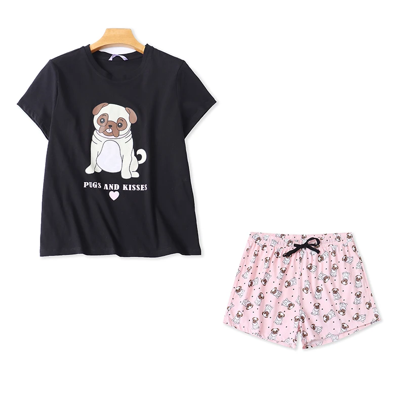 N7379外贸欧美女生家居服短袖T恤睡衣卡通印花松紧腰短裤睡裤