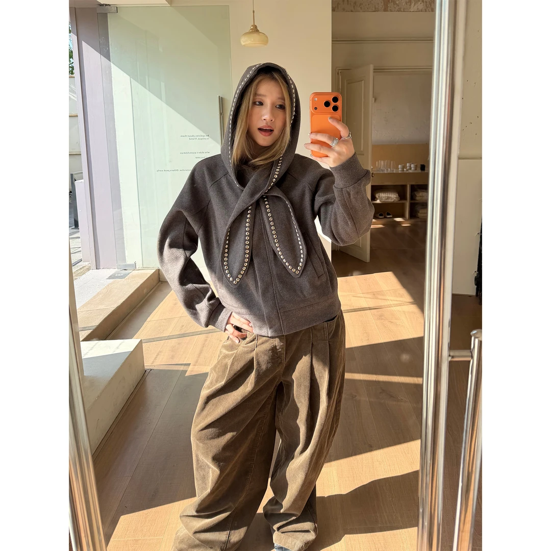 CCYE立体兔耳朵烫珠针织外套宽松休闲个性连帽插肩袖外套秋冬