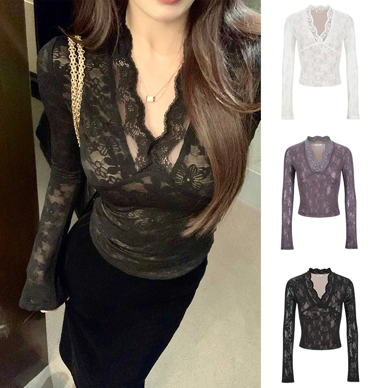 Moses Queen/魔西女王辣妹纯欲性感深V蕾丝打底衫带内衬长袖上衣