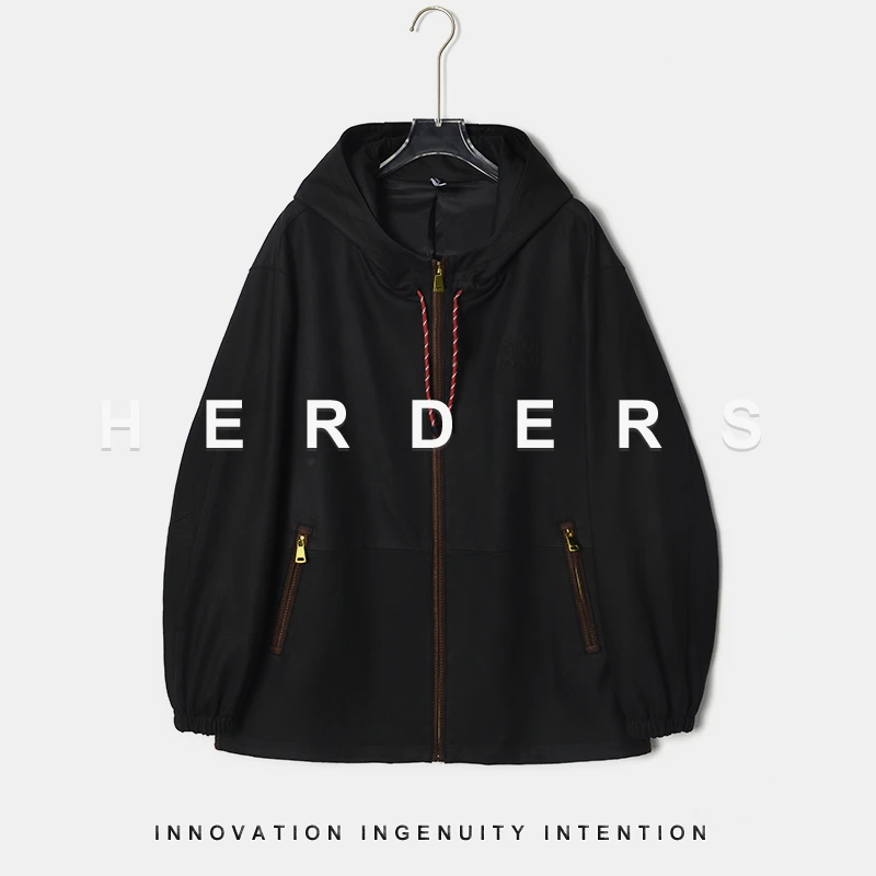 HERDERS 短款连帽拉链款抽绳皮衣 51016