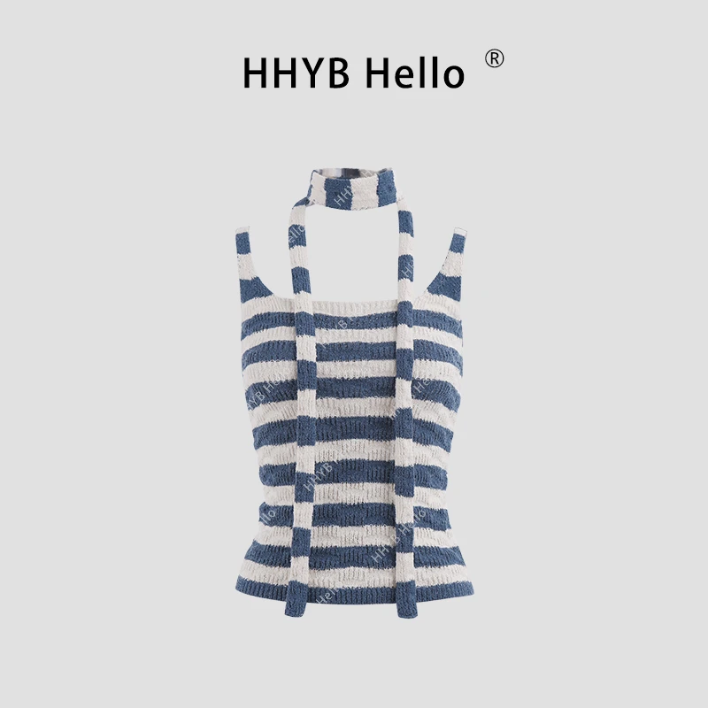 HHYB Hello【2025春季新款】时尚设计感条纹撞色针织吊带背心M1003