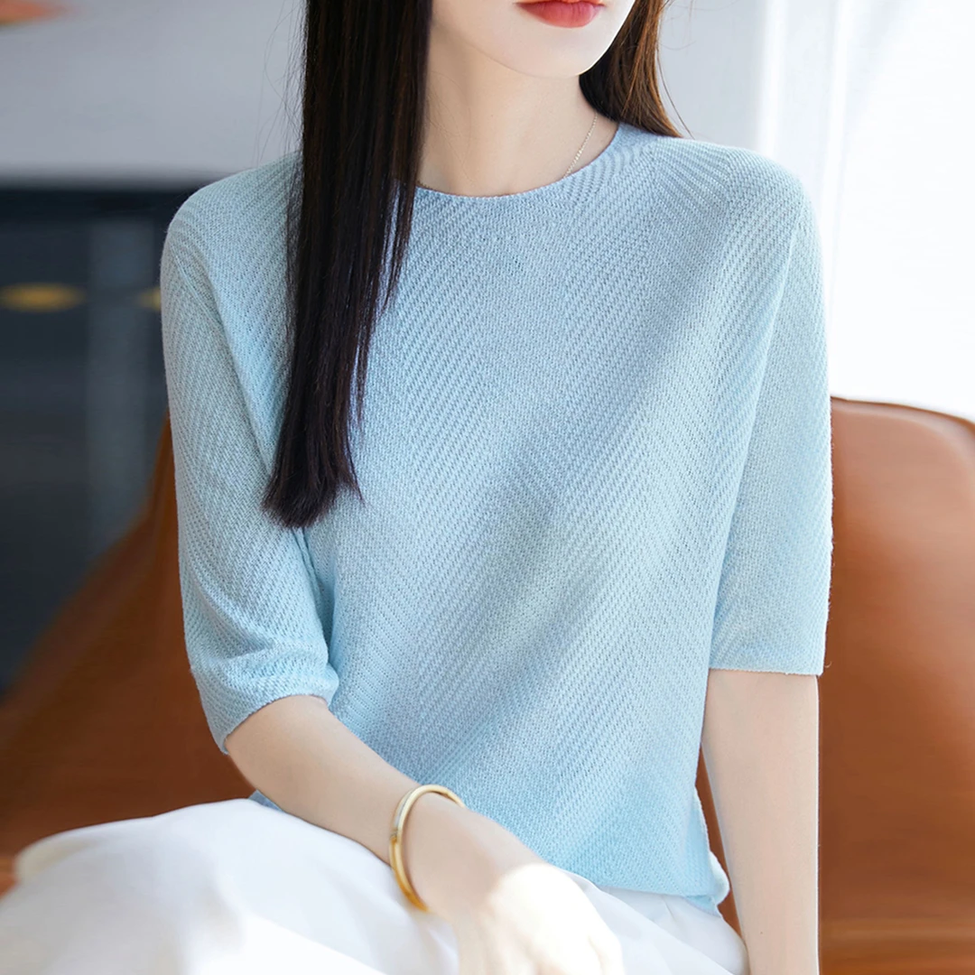 微胖mm夏装大码冰丝针织衫女士短袖t恤遮2025新款肚子巨显瘦上衣