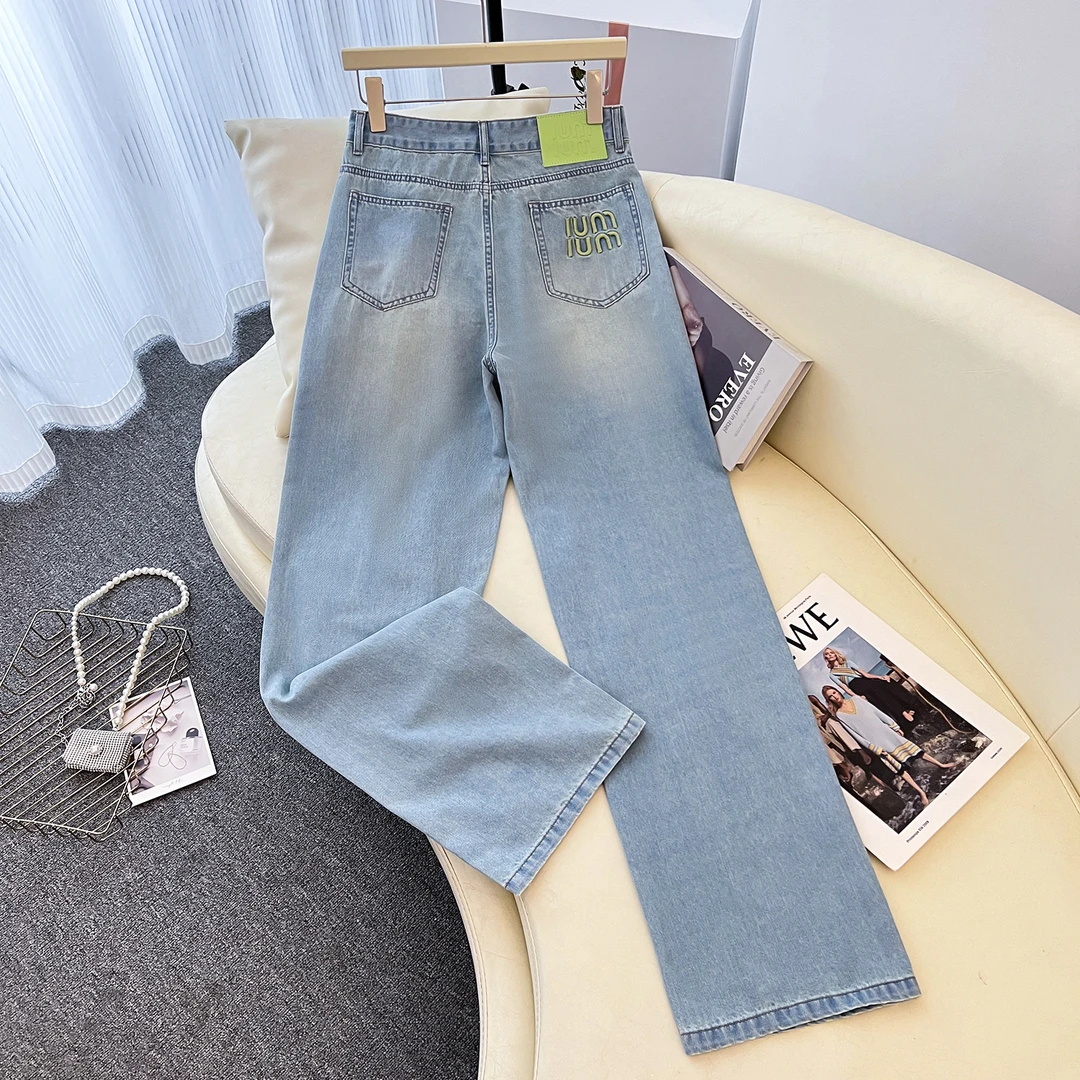 高腰浅色窄版直筒刺绣阔腿牛仔裤女夏季薄款遮胯显瘦宽松宽松